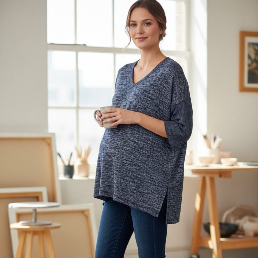 Gap Maternity Sweater M Medium Blue Striped V-Neck Knit Pullover Short Sleeve To